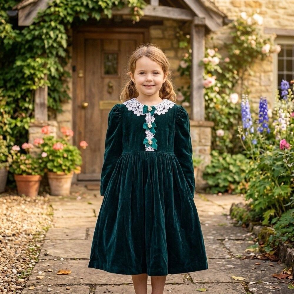 VintageEmerald Green Velvet Kids Girl Dress with Lace Collar Size 5 Old Money